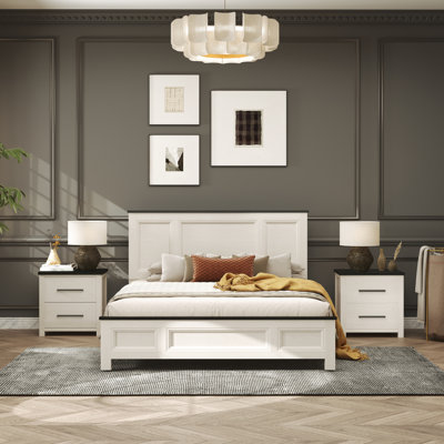 Roundhill Furniture Realynn 3-Piece Wood Bedroom Set, Panel Bed with 2 Nightstands, Off-White Finish by Roundhill Furniture