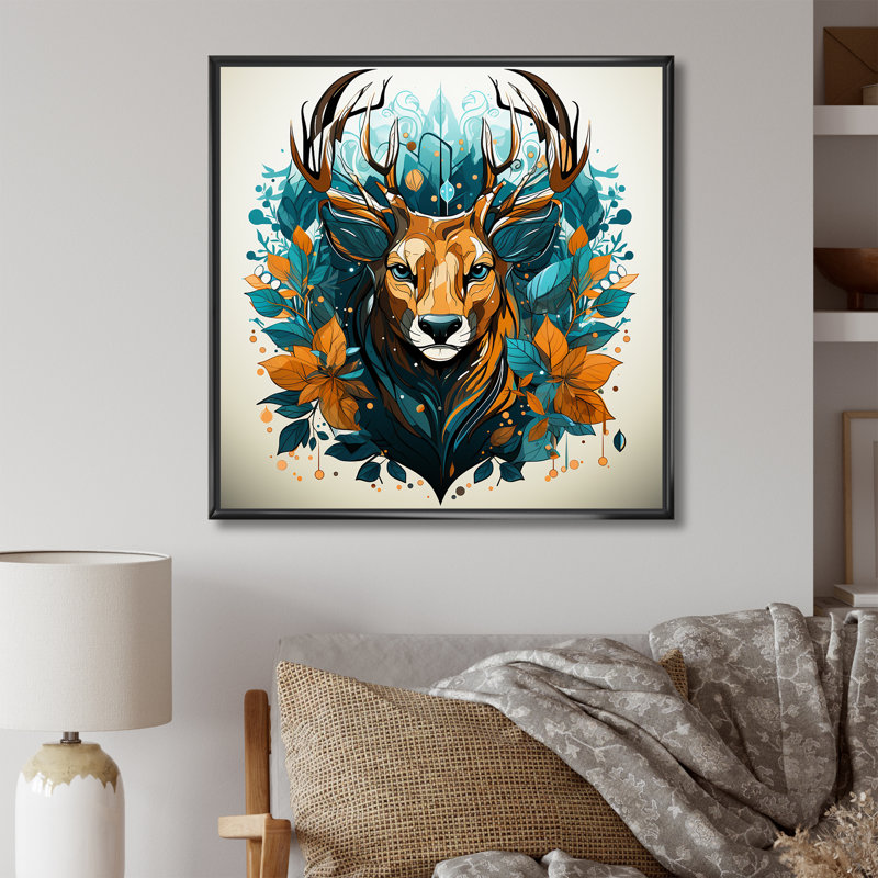 Tranquil Graze Deer In Nature - Art mural animal cerf, Cadre flottant noir, 16" H x 16" W