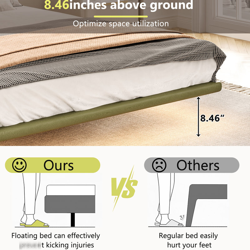 Full Size, Floating Bed Frame, 8 - Effect Led , , Pu Leather, Strong Support, Easy Assembly, Full, Green