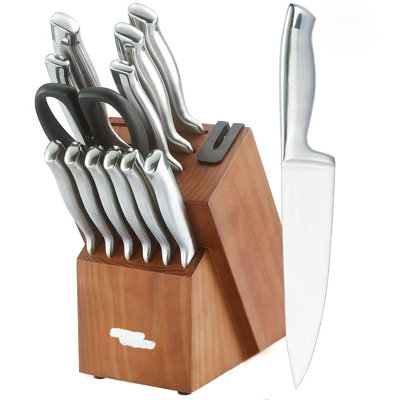 Knife Block Set, KYA26 Knife Set With Block, 14 Pieces Stainless Steel Chef Kitchen Knives With Built-In Sharpener