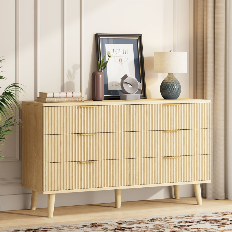 Dresser For Bedroom,6 Drawer Dresser With Gold Handles, Modern Wooden Dressers & Chests Of Drawers, Natural