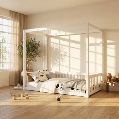 Auden 41.5" W x 77" D x 58.3" H Solid Rubber Wood Twin Canopy Floor Bed with Guardrails