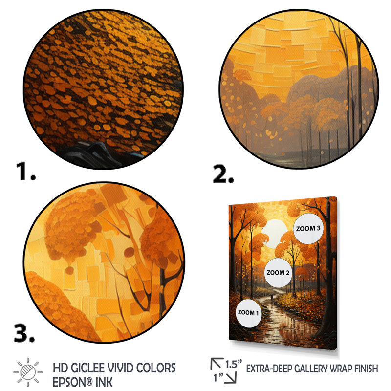 «Bold Yellow Forest Giants Pointillism II», impressions sur toile, Cadre flottant doré, H 40 po x l 30 po x P 1,5 po