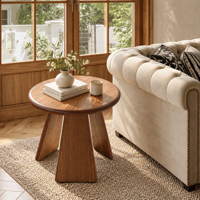 Table d'appoint ronde 19,71 po avec plateau en noyer et piédestal en travertin, table d'appoint Wabi-sabi pour le salon