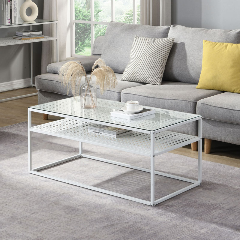 Coffee Table Glass Rectangular 100 Cm Metal Living Room Table Shelf, White