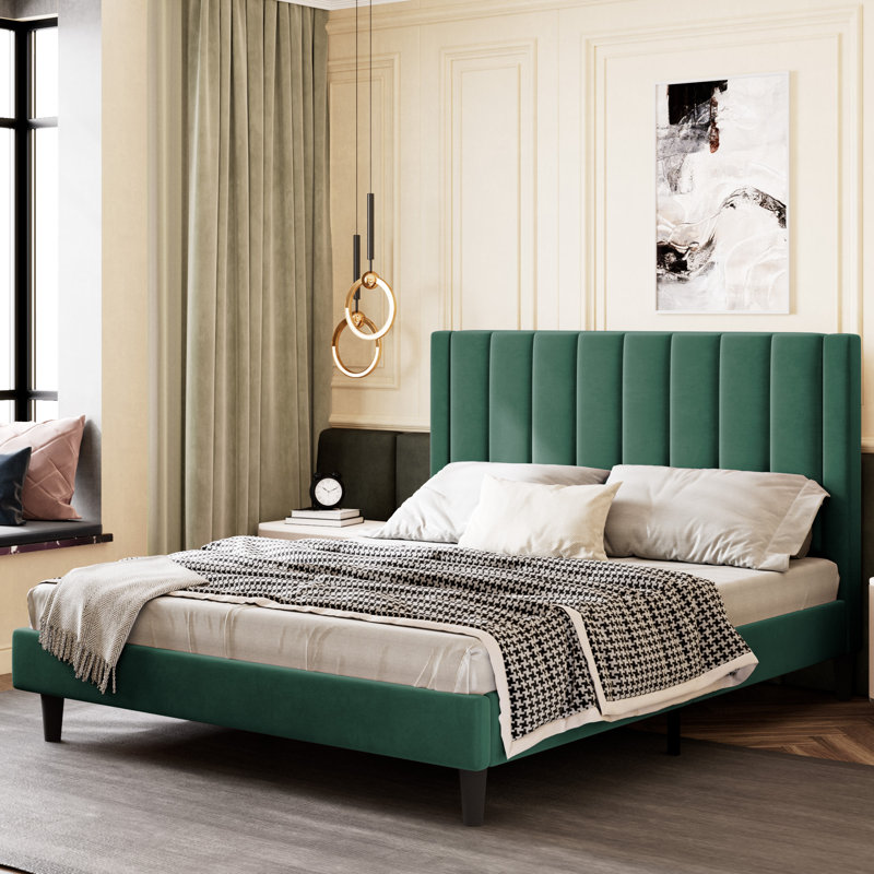 Lit plateforme tapissier Ozella - Aucun sommier requis, assemblage facile, Lit double, Vert