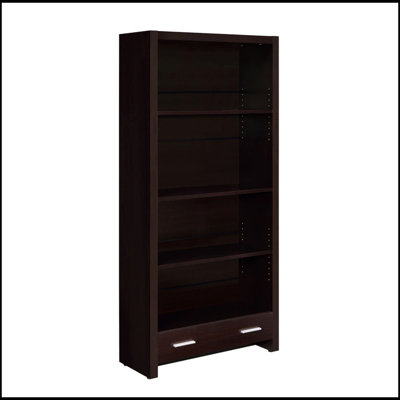 Bibliothèque à 4 tablettes avec tiroir de rangement au fini cappuccino, parfaite pour les décors modernes et contemporains