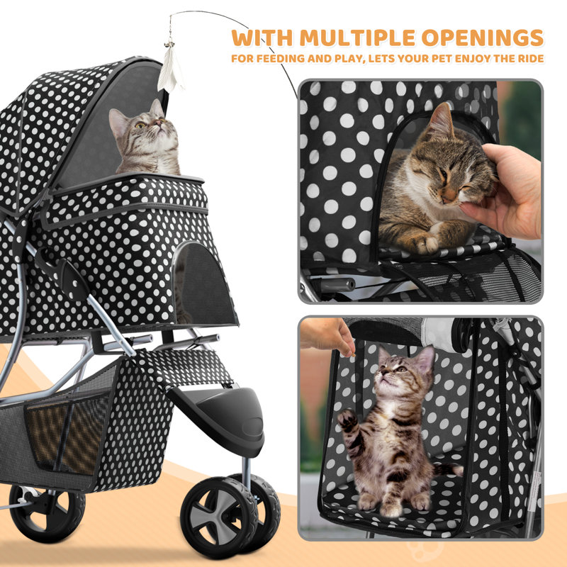Black and White Polka Dot Foldable Dog Stroller with Storage