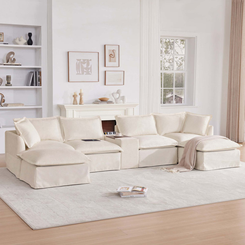 U shaped Modular Sectional Sofa with Movable Ottoman, Beige Chenille