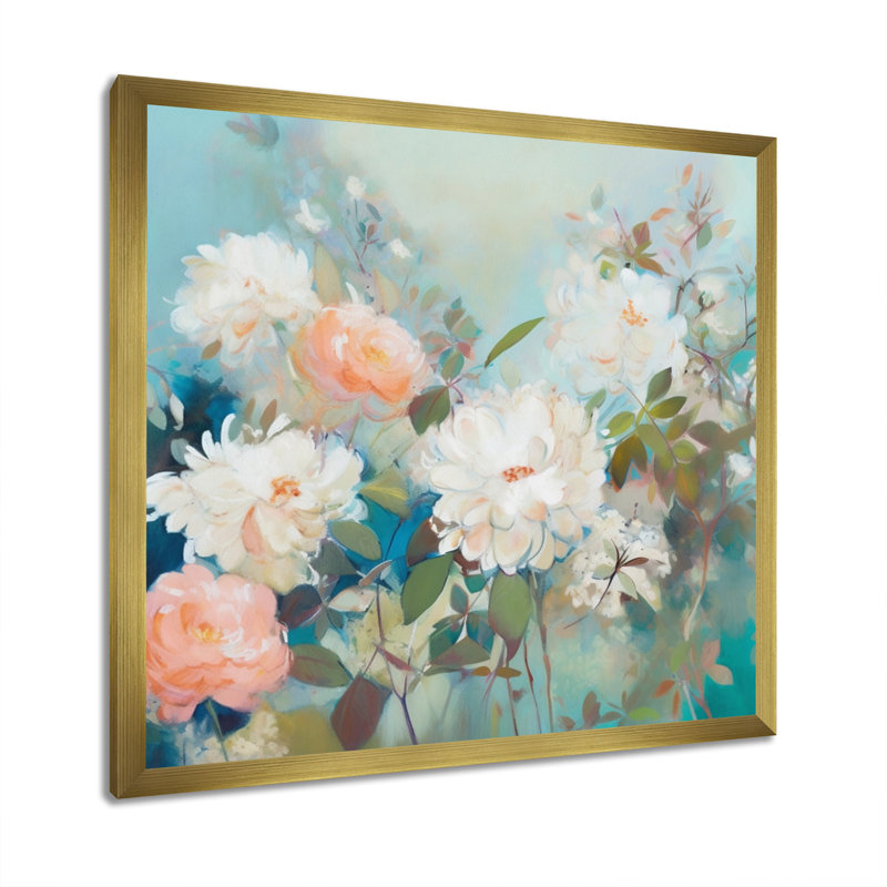 Romanok, rose, bleu, œillets, fleur sur toile, H 16 po x l 16 po x P 1 po, Encadrement doré