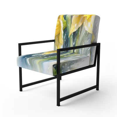 Yellow Grey Daffodils Natures Impression I - Upholstered Farmhouse Arm Chair, Rustic Floral Accent Chair