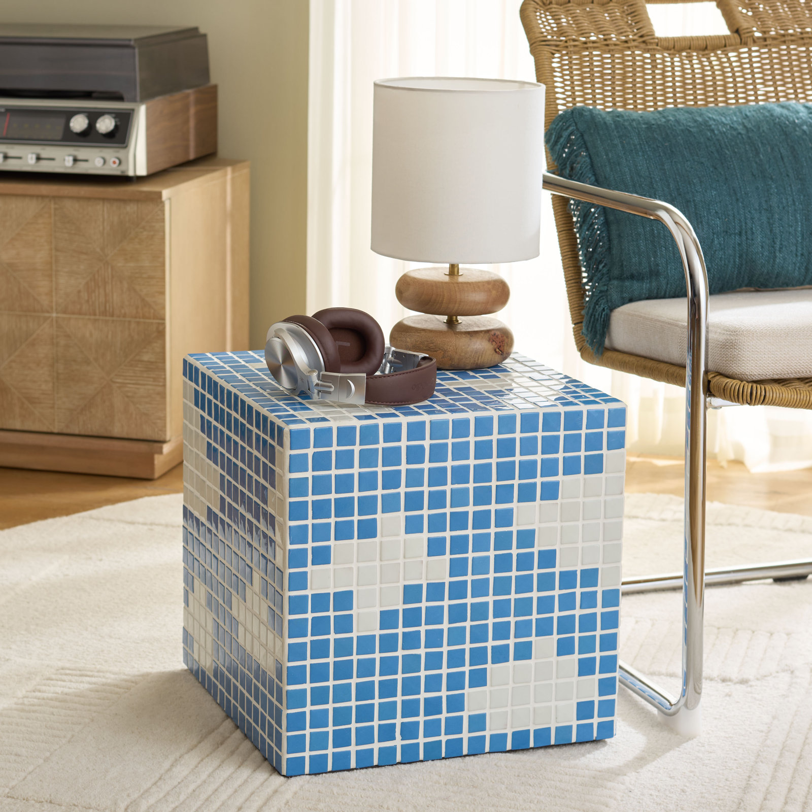 Hikari Cube Accent Table, Light Blue/White