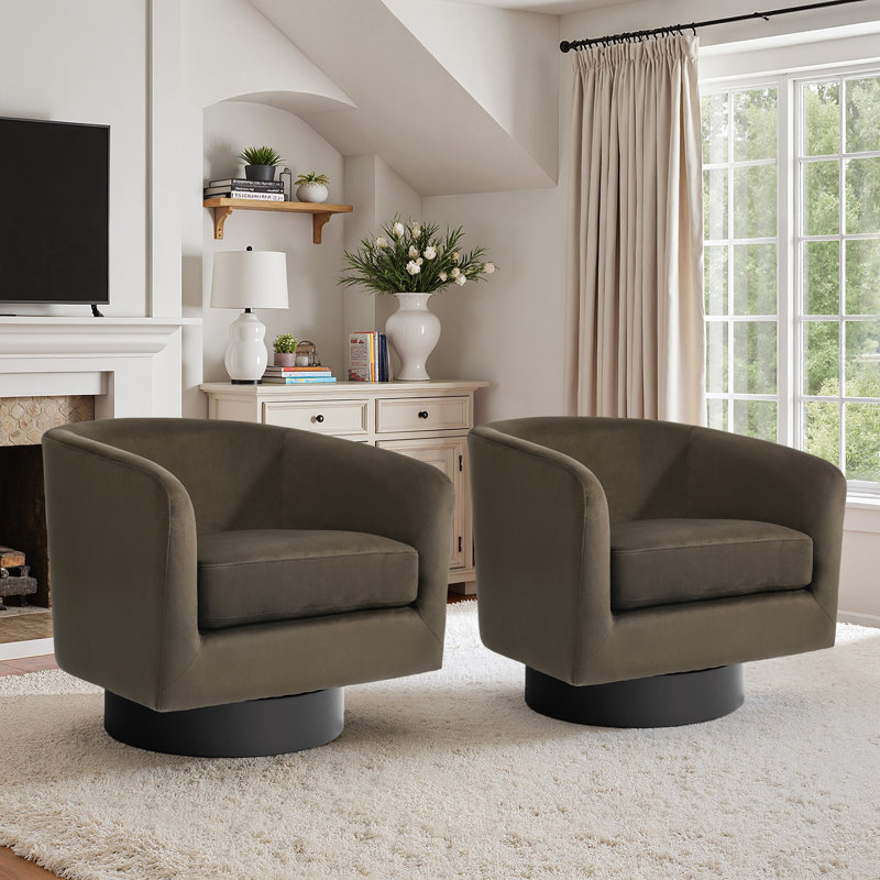 Everett Applewold Upholstered Coffee Velvet Swivel Barrel Chair with Solid Wood Base, Coffee