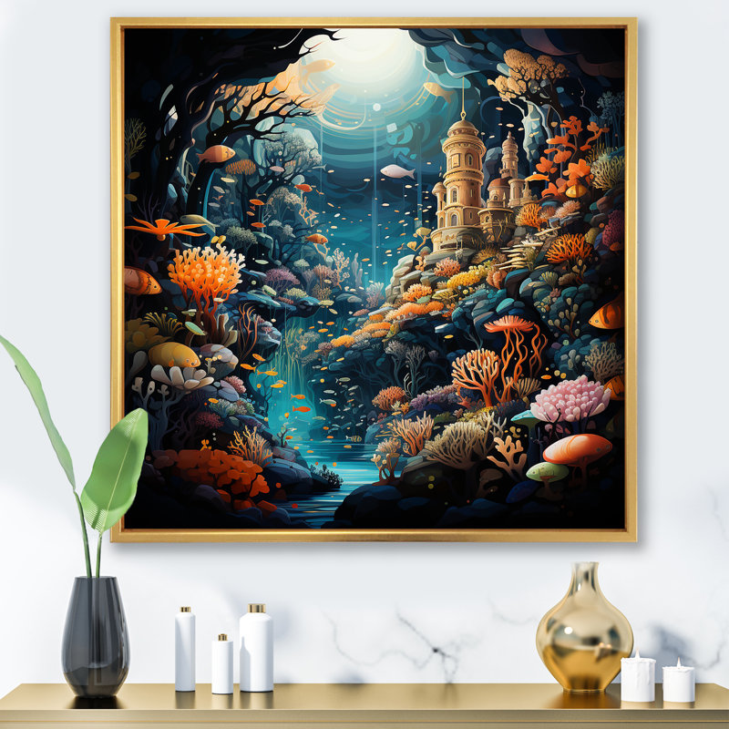 «Coral Mistic Underwater Kingdom I - Fantasy», art mural, Cadre flottant doré, 30" H x 30" W