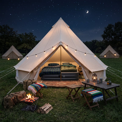 White Finish 9.8 Ft Oxford Bell‑Shaped Yurt Tent, 4‑Season Glamping Shelter with Stove Jack, Breathable Mesh Windows, Spacious Outdoor Family Camping Tent for 3‑4 Campers