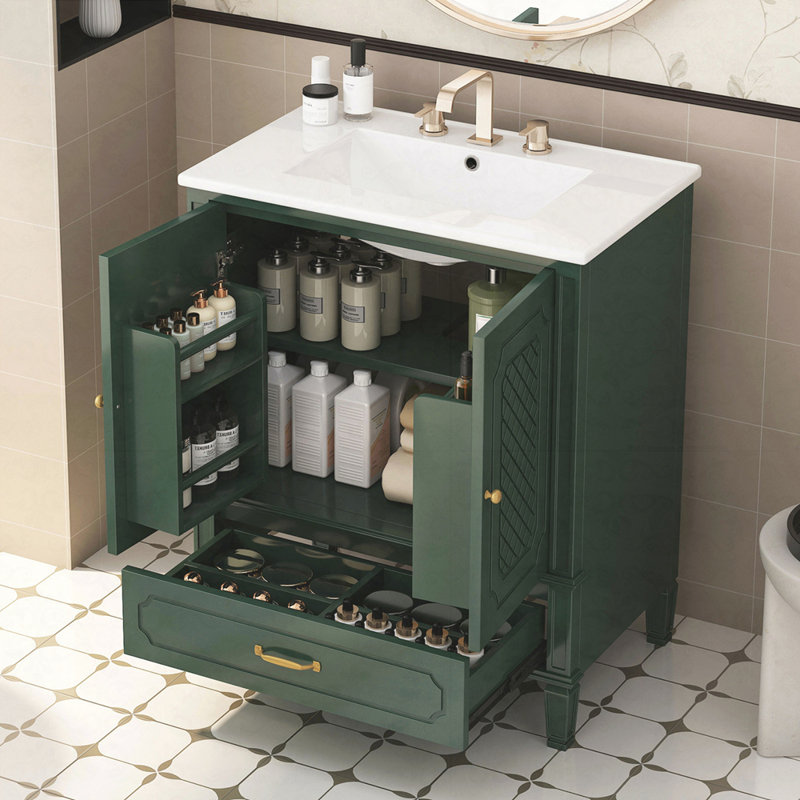 Meuble-lavabo 30 po avec lavabo style rétro, espace de rangement multifonctionnel, tablette de porte, porte à fermeture en douceur