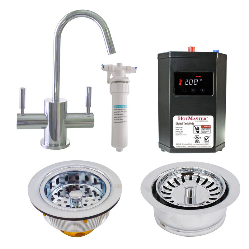 Distributeur d'eau chaude et froide contemporain à 2 leviers 10 po avec réservoir de chaleur, filtre, bonde et garniture d'élimination Contemporary