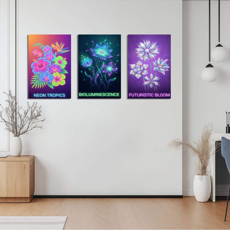 Ensemble de 3 tableaux muraux sur toile « Bioluminescence futuriste des Tropiques Néon »., H 36 po x l 72 po