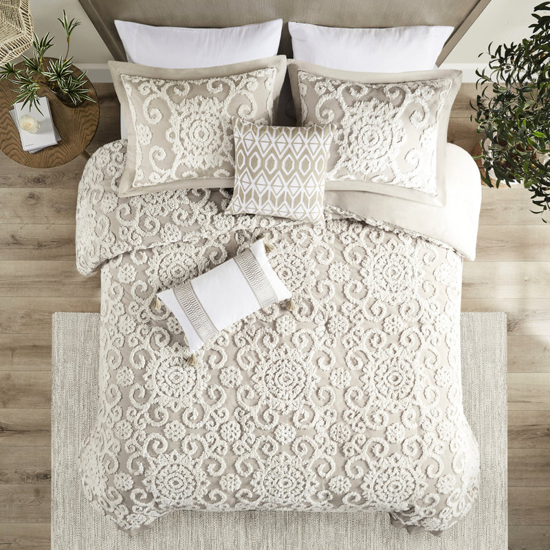 Housse de couette en coton taupe double / grand avec broderie chenille splendide 100% détails envoûtants, Taupe