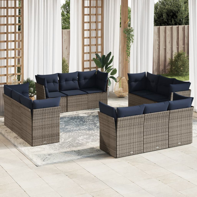 13 Piece Patio Sofa Set With Cushions Black Poly Rattan, Dark Blue Cushion/Gray Frame