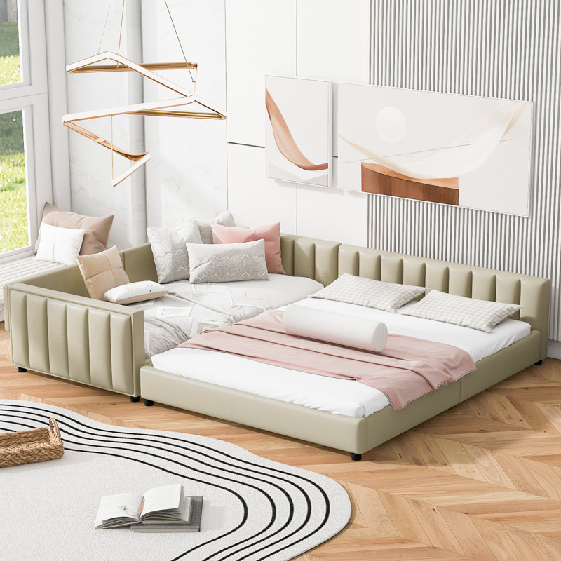 Lit plateforme tapissier grand et simple TG, lit mère et enfant, similicuir, beige