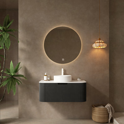 Meuble-lavabo de salle de bain 36 po avec lavabo 36 po, lavabo mural moderne à bords arrondis avec lavabo et tiroir en céramique sans robinet, pré-assemblé