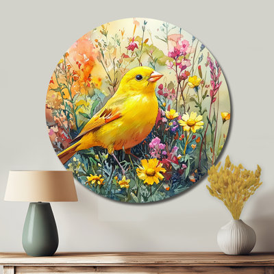 Finch Bird In The Wildflowers I - art mural moderne en métal jaune, oiseau