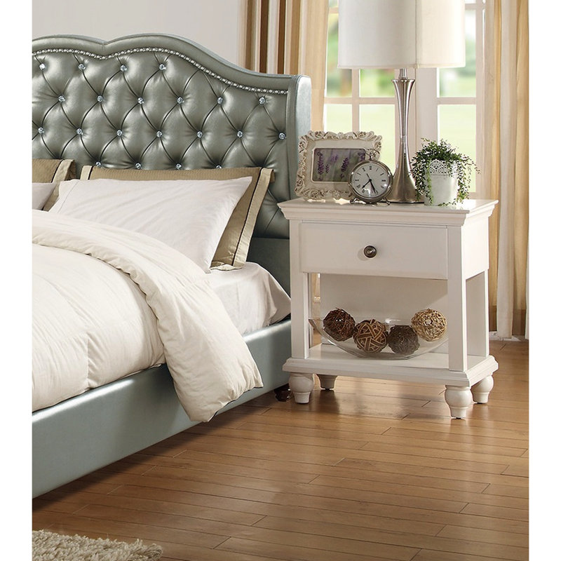 Modern Bedroom Side Shelf With 1 Nightstand In White Finish - Poplar Wood And Bedside Table Open