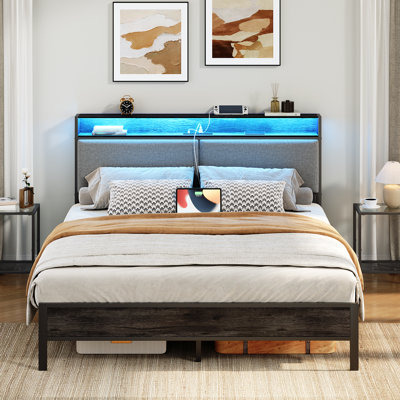 Jeffory 43.1"H Upholstered Bed Frame with Headboard and Charging Station