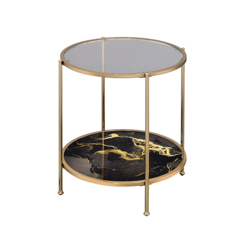 Metal End Table With Black Marble Print Design & Practical Function Bedside Frame