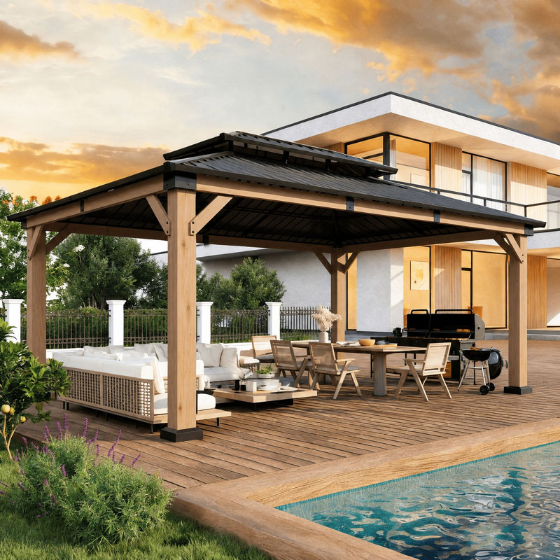 Jolydale Soild Wood Gazebo, Hardtop Gazebo With Galvanized Steel Double Roof, Suitable For Patios, Lawn And Backyard