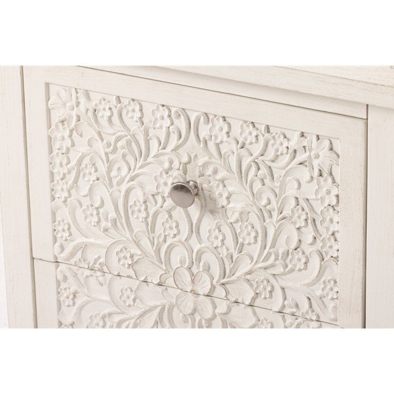 Levera Farmhouse Fully-Assembled 2-Drawer Nightstand, Distressed White-Washed End Table