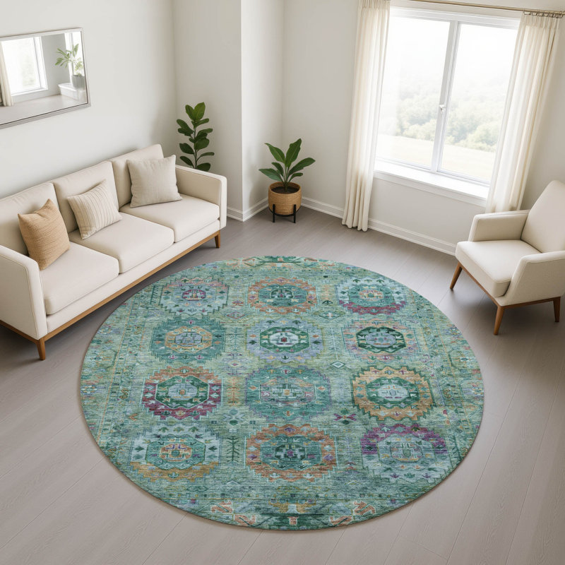 Premium Machine Washable Mayfield AMF2228 Panel Rug, Teal, 8' Round