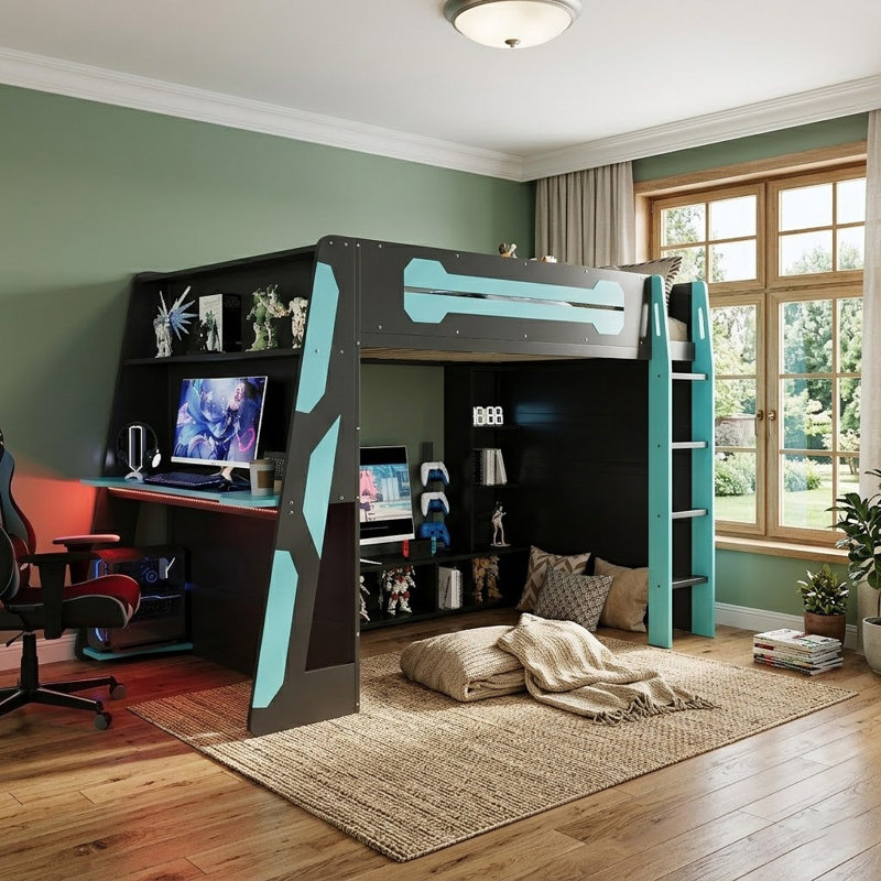 Lit mezzanine double en bois pleine grandeur avec bureau, tablettes à plusieurs rangements et éclairage RVB pour une fonctionnalité accrue et un attrait esthétique
