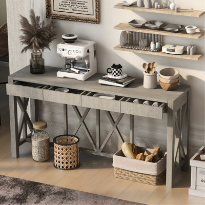 Console élégante de 60 pouces avec quatre tiroirs spacieux, une base ouverte et des pieds en X pour la salle à manger de la chambre à coucher
