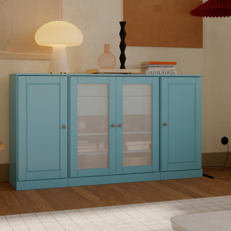 Buffet 100% bois massif 65 po avec portes en verre givré et tablettes réglables, Bleu aqua