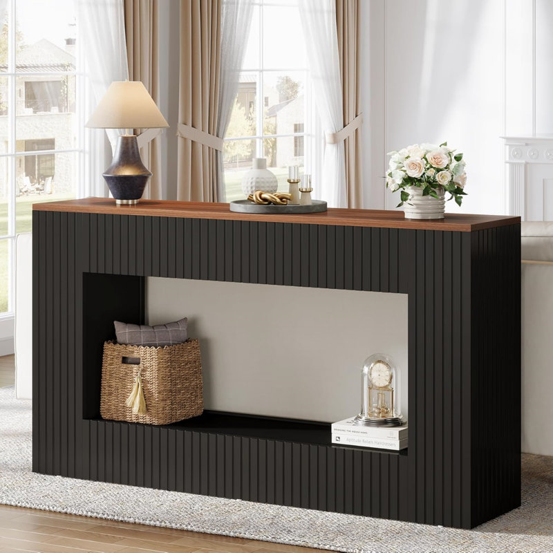 Console cannelée 55 po, table d'entrée étroite 11,8 po avec plateau en noyer et tablette inférieure ouverte, canapé à deux tons derrière le canapé pour les petits espaces (finition noire)