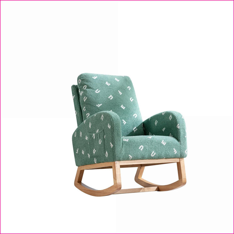 Chaise berçante pour chambre de bébé, l 26,8 po Boucle Green Mid-Century | Bois massif | Poche latérale | Boucle | Mousse