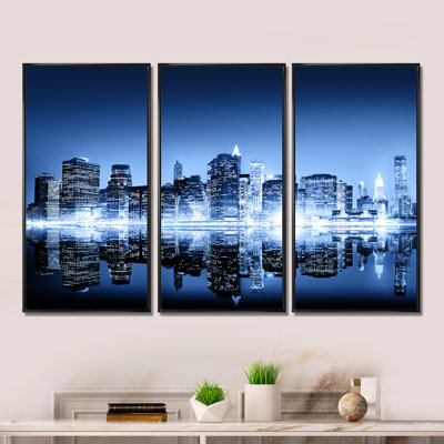 Night New York City Mirrored - 3 Piece Floater Frame Print Set on Canvas