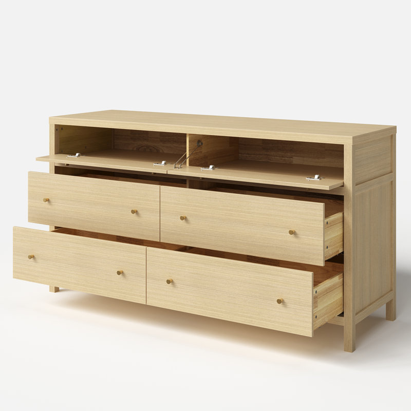 Commode à 4 tiroirs en bois d'hévéa massif 63 po - Compartiments rabattables, glissières à fermeture en douceur