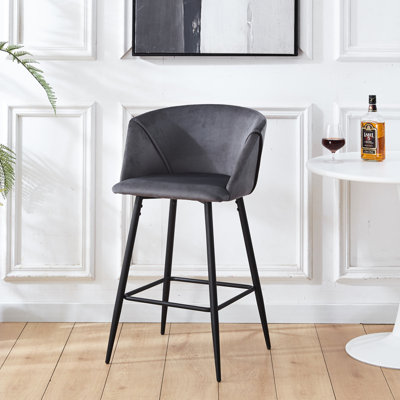 2 Counter Height Bar Stools, Dark Grey Velvet Fabric And Black Metal Construction For Coffee Shops, Kitchen Islands Upholstered, Frame Pub, Restaurant,