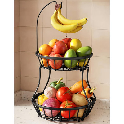 Grand bol à fruits à 2 niveaux pour comptoir de cuisine avec support à banane, rangement pour légumes empilable, grand support en métal pour légumes, oignons, pommes de terre et collation