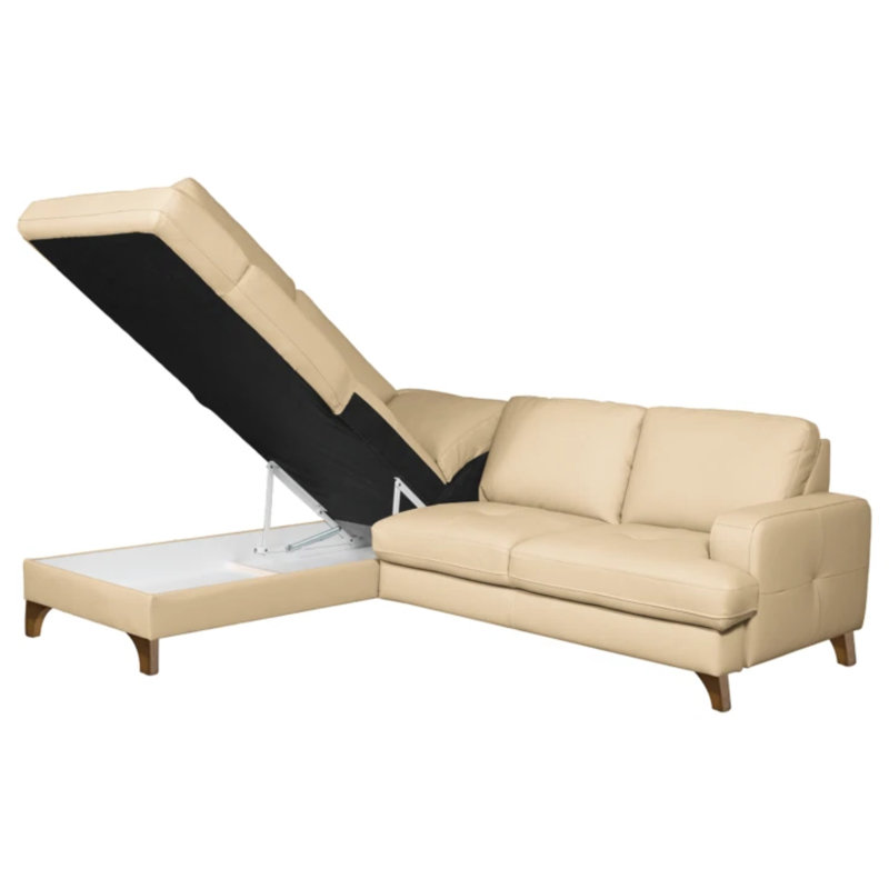Damar Leather Corner Sofa with Sleeping Function and Storage, Damar Beige Genuine Leather, Left Hand Facing