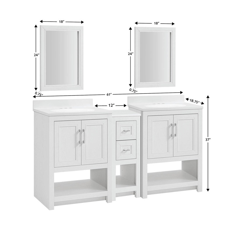 Meuble-lavabo double 61 po avec plateau intégré et lavabo avec miroirs Stovall, Blanc