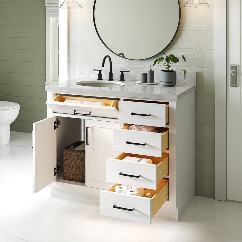Meuble-lavabo simple en bois massif Tidworth de 42 po avec plateau en marbre de Carrare de 1,5 po, Gauche, Ovale, Blanc