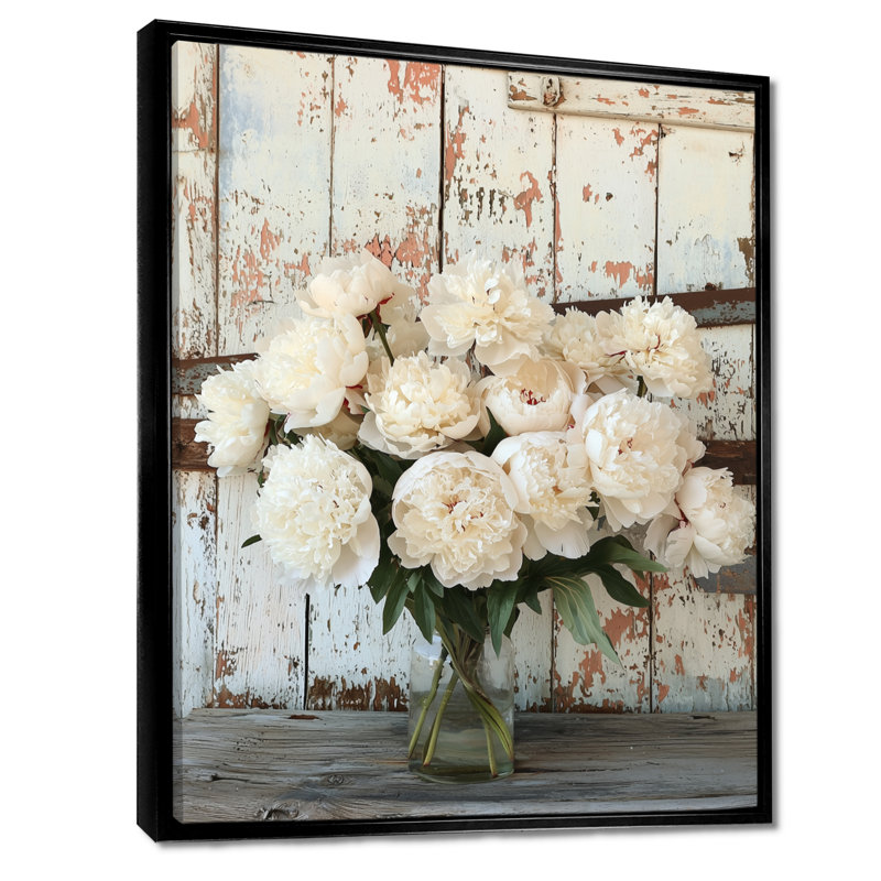 Photo pivoines par la grange laitière I - pivoines, reproduction d'art sur toile, Noir, Reproduction avec cadre flottant