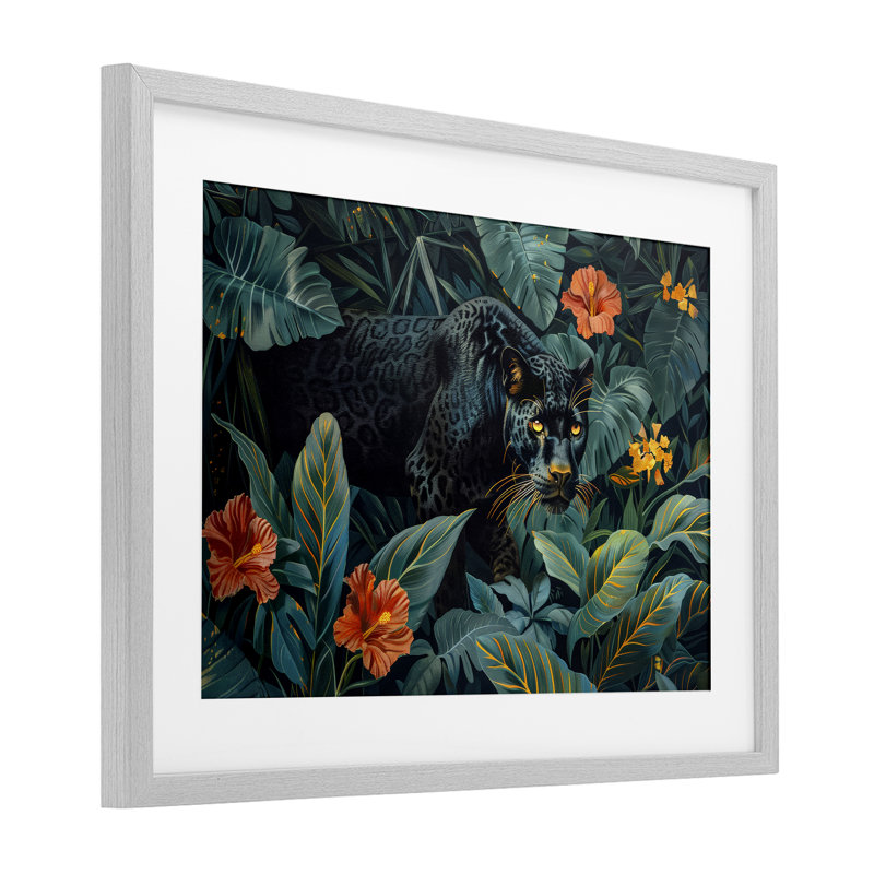 «Exotic Paradise» de Panther, reproduction sous verre, design par Ray Powers, H 17 po x l 23 po, Cadre de ferme gris