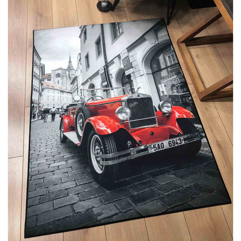 Tapis rectangulaire en polyester tissé à la main noir / rouge Bridgnorth, Rectangle 4 pi 7 po x 6 pi 7 po