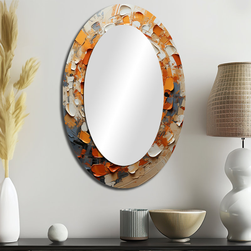 Orange et blanc abstrait en spirale collage - miroir mural ovale moderne, 36 po x 24 po