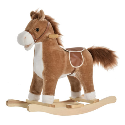Cheval à bascule brun en peluche avec base en bois, jouet interactif pour bébé avec sons, gueule mobile et queue qui remue